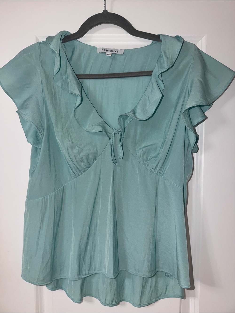 Rose & Olive Seafoam Ruffle Tie-Front V-Neck Blouse